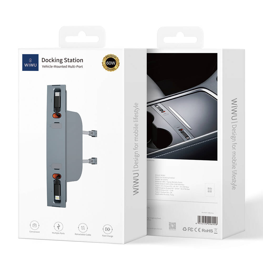 Wiwu Wi-DS001 Tesla Uyumlu Type-C Lightning USB-A Akıllı Araç İçi Şarj İstasyonu 60W Wiwu Wi-DS001 Tesla Uyumlu Type-C Lightning USB-A Akıllı Araç İçi Şarj İstasyonu 60W